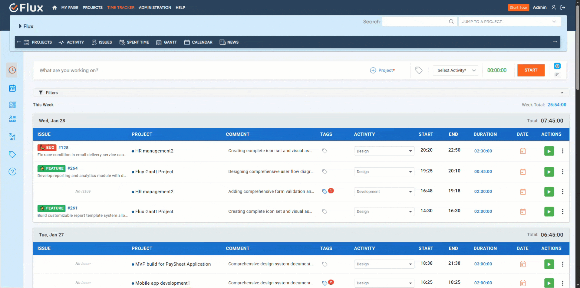 redmineflux time tracker manaual timelog