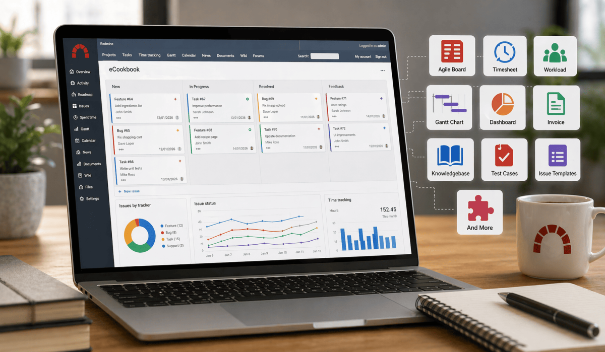 Redmine dashboard with kanban board, gantt chart, and plugin features on laptop