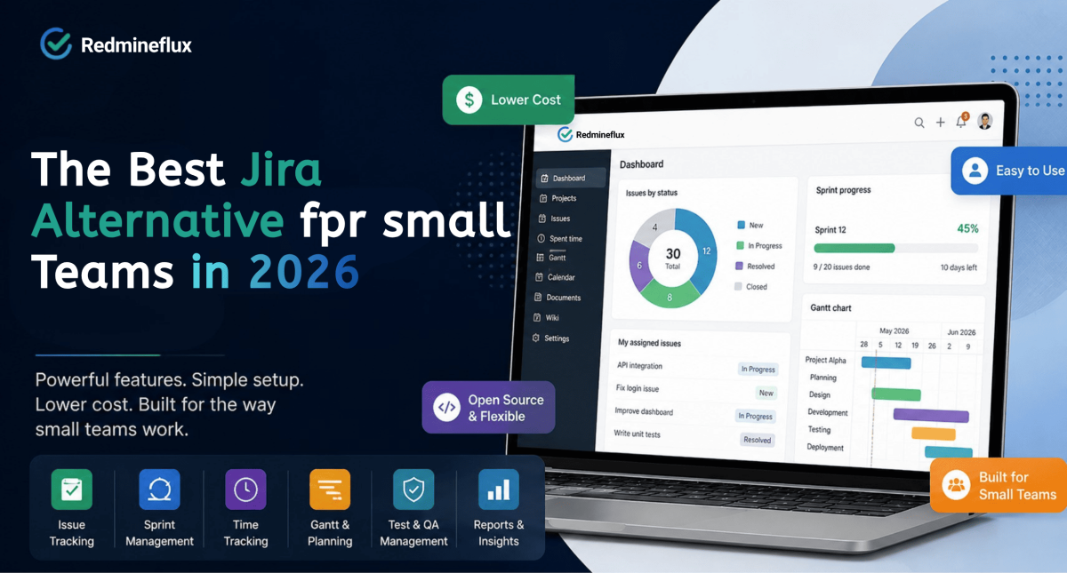 Jira alternative for small teams showing Redmine dashboard with sprint, Gantt chart, and issue tracking