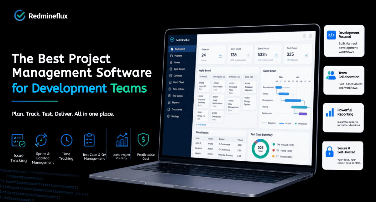 project management software for development teams showing Redmine workflow, Agile boards, and task tracking