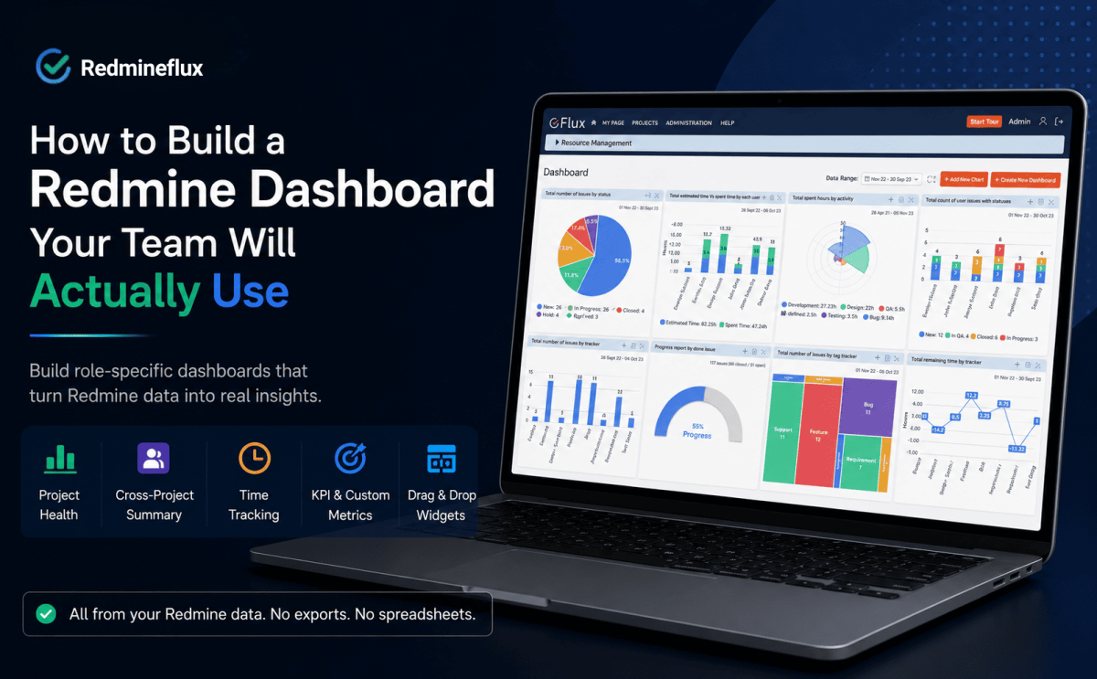 Redmine dashboard plugin showing project health, KPI widgets, cross-project summaries, and time tracking in Redmine