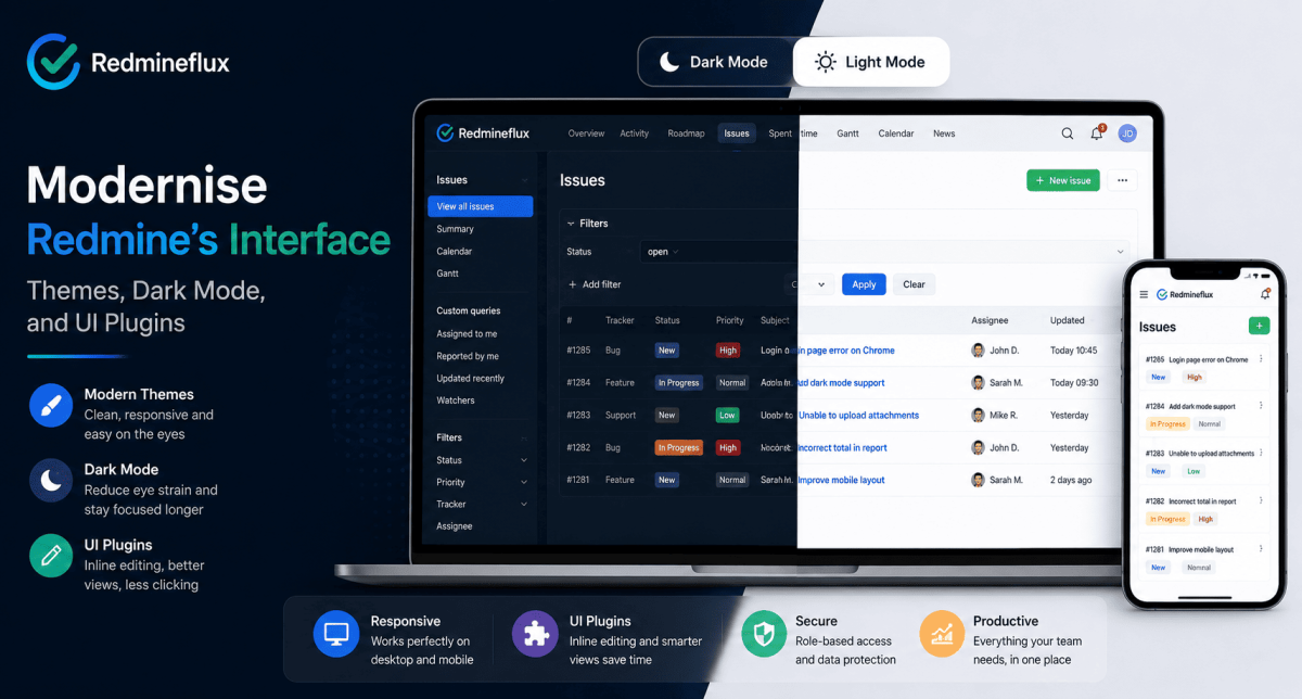 Redmine UI theme with modern dashboard, dark mode, and improved interface design