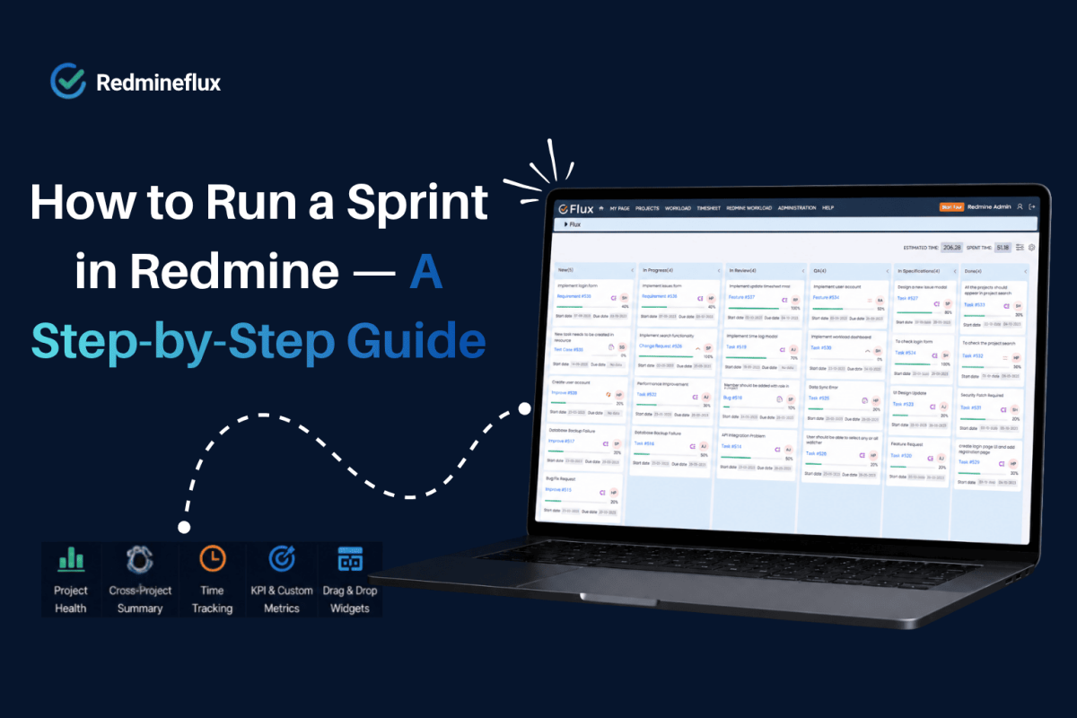 Redmine sprint board showing agile sprint planning, backlog management, Story Points, and workflow tracking