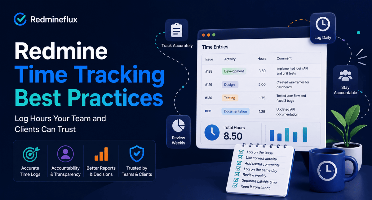 Redmine time tracking dashboard showing accurate time logs, activity tracking, reporting, and accountability workflows