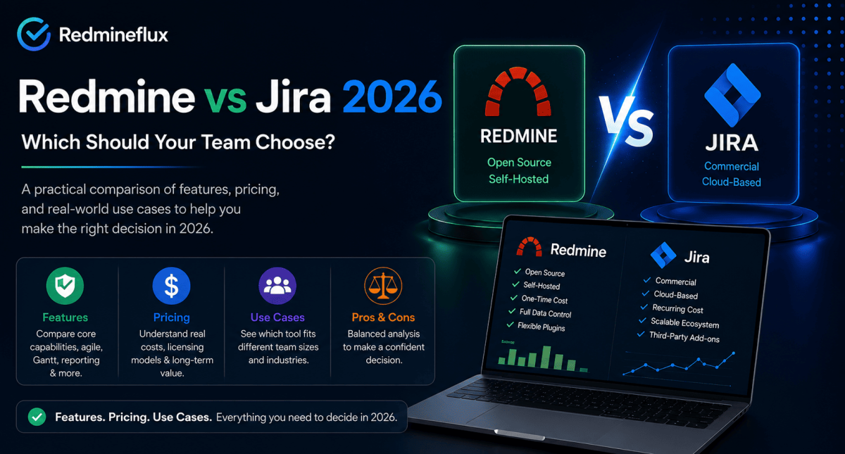 Dark-themed featured image comparing Redmine and Jira with project management dashboards, pricing comparison, and agile workflow visuals for 2026.