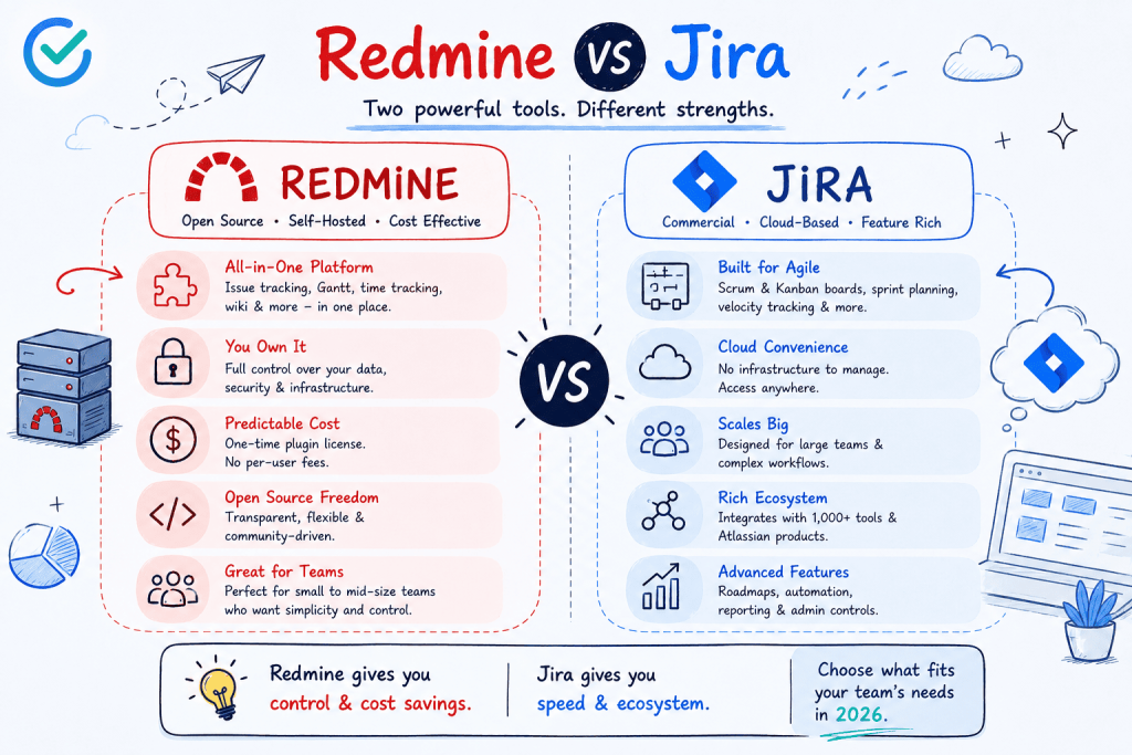 Redmine vs Jira Comparison 2026 – Features, Pricing & Team Fit Infographic comparing Redmine and Jira project management tools, showing differences in pricing, hosting, scalability, agile features, and team suitability for 2026.