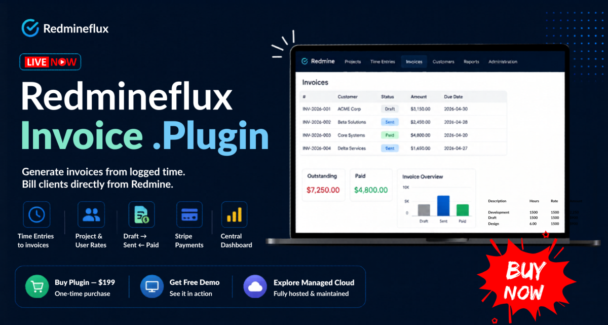 Redmineflux Invoice Plugin dashboard showing invoice generation from Redmine time entries, billing rates, Stripe payments, and client invoicing workflow.