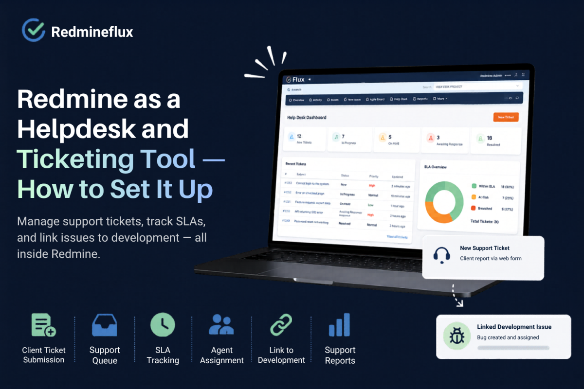 Redmine helpdesk and ticketing system dashboard for managing support requests, customer tickets, and issue tracking