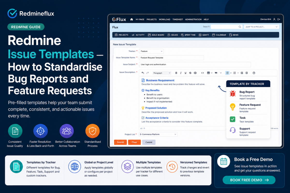 Redmine Issue Template Plugin interface showing standardized bug report and feature request templates for consistent issue tracking in Redmine.