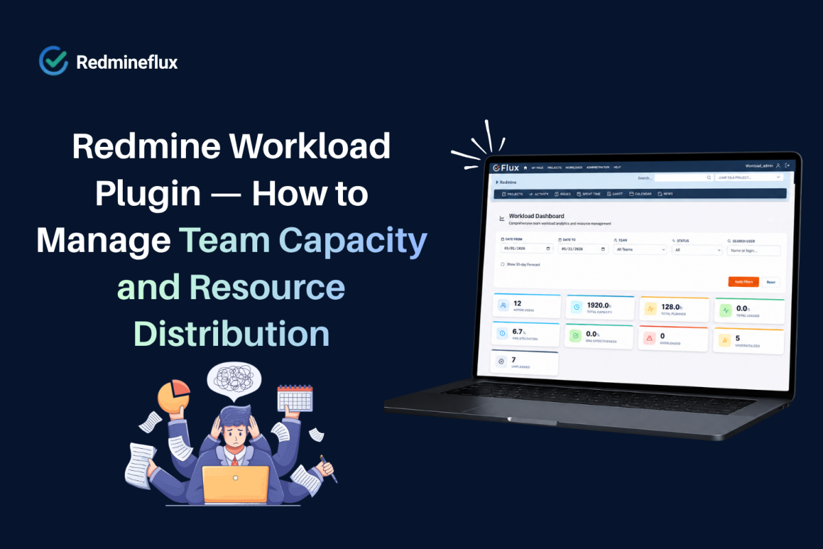Redmine Workload Plugin dashboard showing team capacity planning and resource distribution management in RedmineFlux.