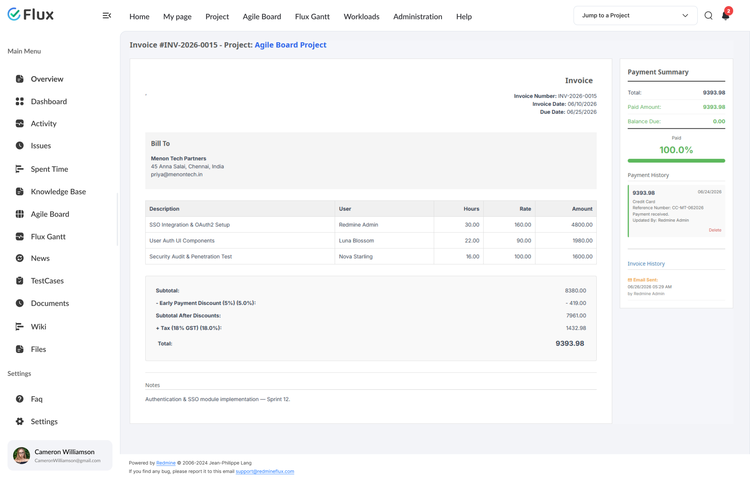 invoice generated from Redmine time log entries