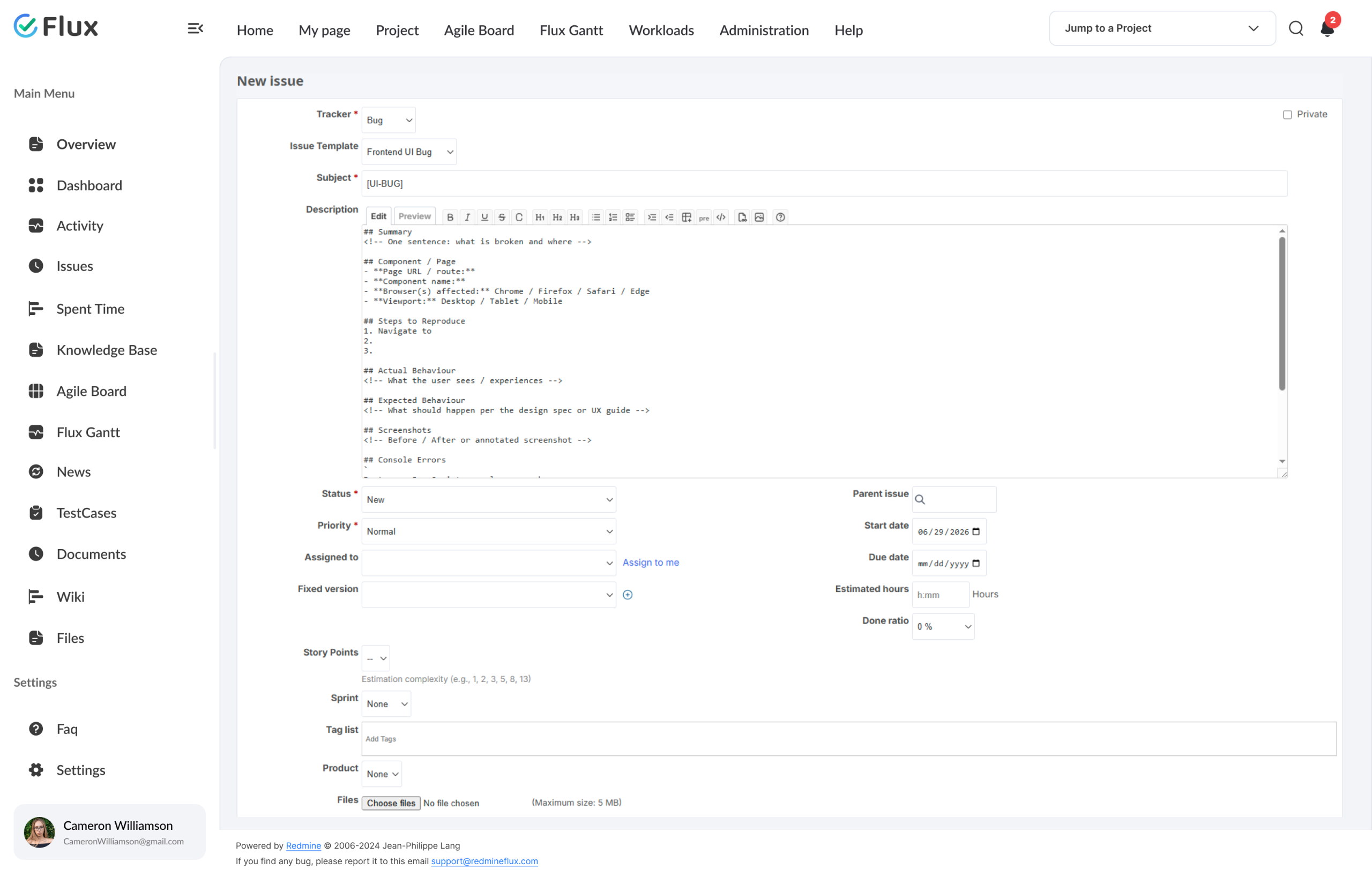 new issue form pre-filled from template - all required fields populated