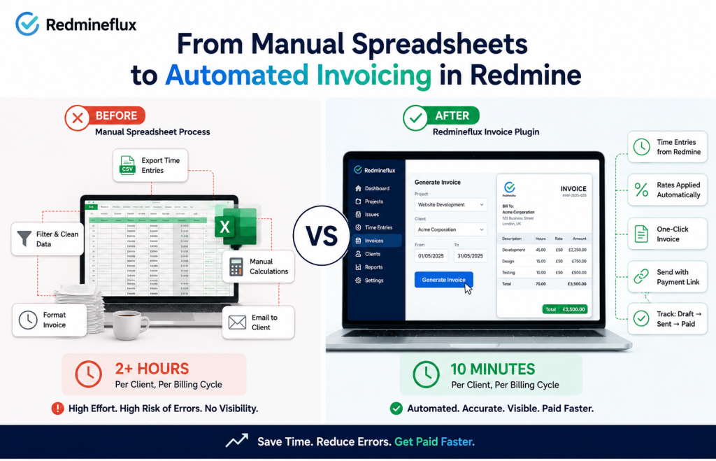 Redmine Invoicing: Manual Spreadsheets vs the Redmineflux Invoice Plugin